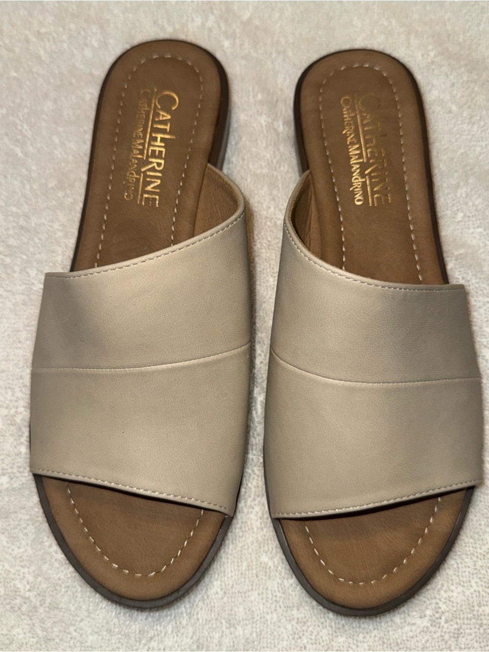 Catherine Malandrino Taupe Wide-Band Slide Sandals